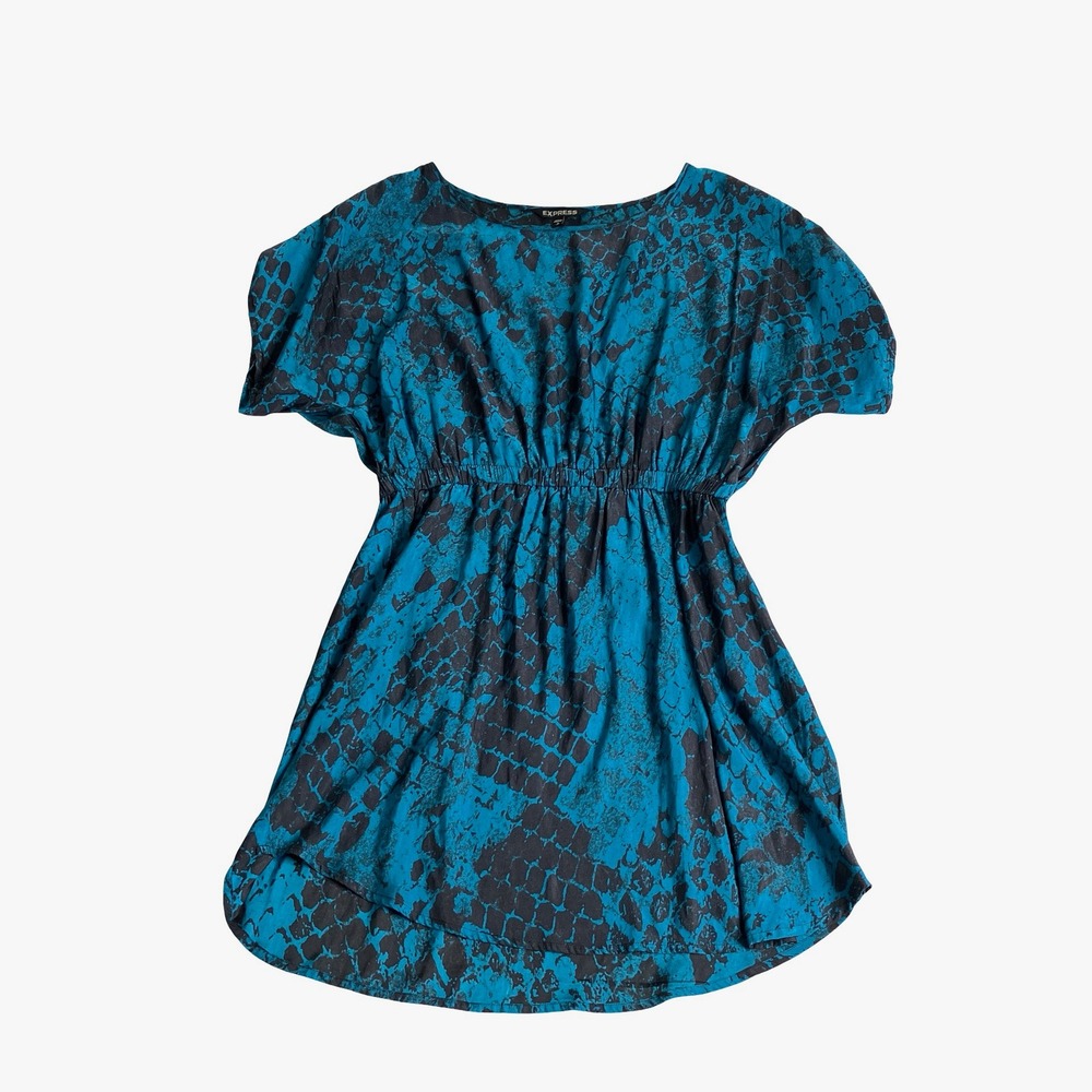 Express Snake Print Mini‎ Dress Womens Medium Blue Black Elastic Waist Pockets